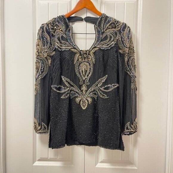 Vintage Tan-Chho Beaded Sequin Pure Silk Top Black Gold – M - Picture 3 of 15